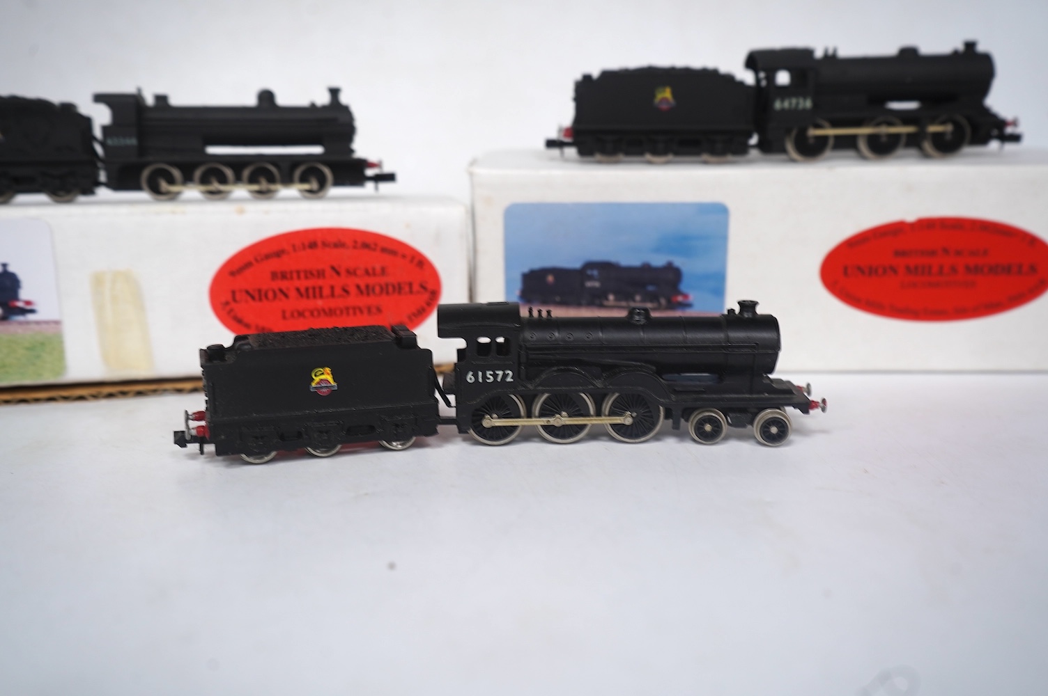 Three boxed Union Mills Models N gauge railway BR locomotives; a Class B12/3, 61572, a Class J39, 64736, and a Class Q2, 63344. Condition - good.